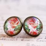 red rose earrings, red rose stud earrings, red flower earrings, vintage style earrings