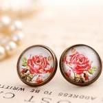 Red rose earrings, glass rose stud earrings, glass dome earrings, romantic rose earrings, nickel free earrings, antique style earrings