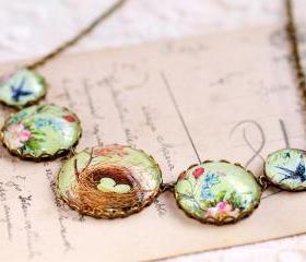 Bird's Nest Necklace, Robins Egg Necklace, Mint green Necklace, blue green floral necklace