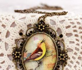 Yellow bird pendant, Victorian necklace, glass dome necklace, songbird, filigree, steampunk, Victorian