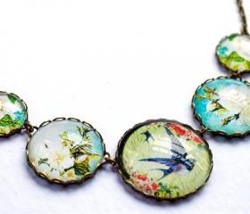 Glass bird necklace, glass dome necklace, glass bird necklace, swallow necklace, blue rose necklace, colorful necklace, blue and green