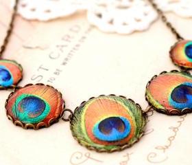 Jewel tone peacock feather Necklace, Boho necklace, Victorian necklace, colorful statement necklace, link necklace