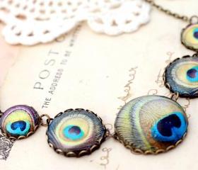 Jewel tone peacock feather Necklace, Gothic lolita or Victorian necklace, Blue green statement necklace, link necklace