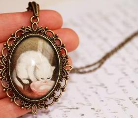 Cat portrait necklace, white kitten pendant, glass cat pendant, cat lover gift ideas