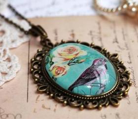 Blue bird necklace, mint green necklace, glass cameo necklace, bird jewelry