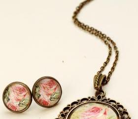 Rose necklace and earrings, earring and necklace set, jewelry gift set, Valentines gift set, red rose pendant, red rose earrings