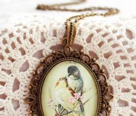 Love bird necklace, romantic necklace, glass bird necklace, birds and flowers, cherry blossom