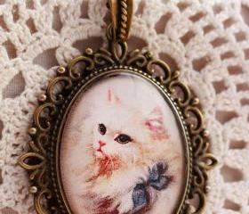 White cat pendant, cat portrait pendant, cat lover gifts, glass cat pendant, cat lover necklace