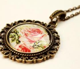 Red rose necklace, glass rose necklace, romantic rose necklace, glass pendant necklace, floral necklace