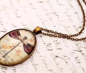Long Dragonfly necklace, Steampunk pendant, glass dragonfly pendant, glass dome necklace, long bronze pendant, dragonfly jewelry