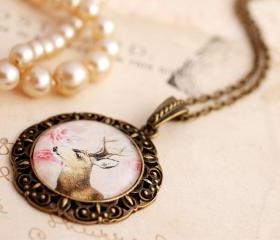 Deer necklace, deer cameo pendant, deer head necklace, deer cameo necklace, long bronze pendant, picture necklace, woodland necklace