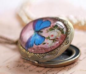 Butterfly photo locket, butterfly pendant, picture locket, Victorian pendant, pink and blue necklace, romantic locket