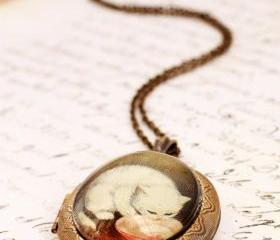White Cat photo locket, cat locket necklace, cat picture locket, glass cat necklace, cat jewelry
