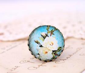 Ivory rose ring, blue rose ring, blue floral ring, romantic photo ring, romantic jewelry