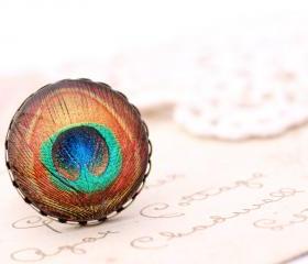 Jewel tone peacock ring, gold peacock feather ring, Victorian jewelry, boho jewlery