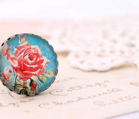 Red rose ring, blue rose ring, blue floral ring, romantic photo ring, romantic jewelry