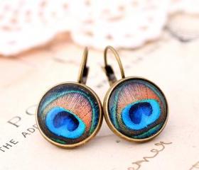 Jewel tone drop earrings, blue peacock earrings, blue feather earrings, blue glass earrings