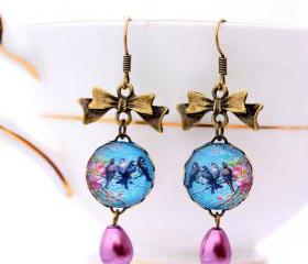 Bird and pearl dangle picture earrings, pearl drop earrings, romantic jewelry, glass dangle earrings