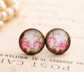 Pink rose earrings, pink floral earrings, pale pink earrings, shabby chic earrings, pink rose studs, flower earrings, pale pink earrings