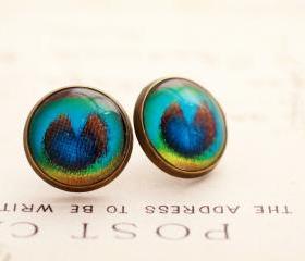 Glass Peacock feather earrings, blue green earrings, jewel tone earrings, round glass earrings, colorful earrings, peacock jewelry