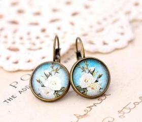 ivory rose earrings, blue floral earrings, flower drop earrings, glass flower earrings, romantic jewelry, spring jewelry