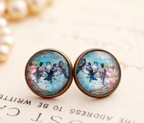 Blue bird earrings, swallow earrings, picture earrings, pink floral earrings, romantic jewelry