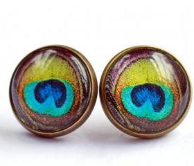 Peacock feather earrings, jewel tone stud earrings, green earrings, blue green jewelry