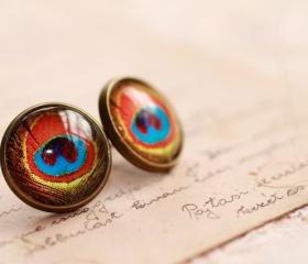 Jewel tone feather earrings, peacock stud earrings, colorful earrings, boho jewelry