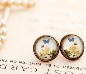 Blue butterfly earrings, blue butterfly earrings, yellow rose earrings, glass dome earrings