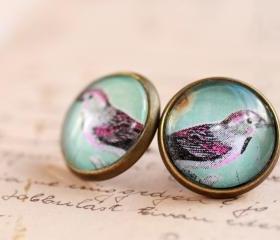 blue bird earrings, mint green earrings, glass bird picture earrings, colorful earrings, nickel free studs