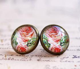 red rose earrings, red rose stud earrings, red flower earrings, vintage style earrings