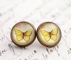 Yellow butterfly earrings, glass dome earrings, butterfly earrings, nickel free, spring