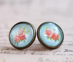 Pink rose earrings, pink rose stud earrings, glass rose stud earrings