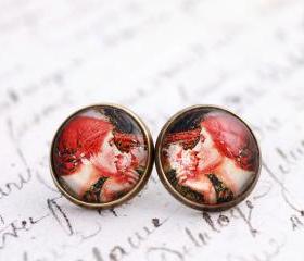 Preraphaelite earrings, glass dome earrings, fine art earrings, wearable art, Soul of the rose, John W Waterhouse