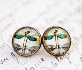Green dragonfly earrings, dragonfly stud earrings, glass dome earrings, steampunk, victorian, jewel tone