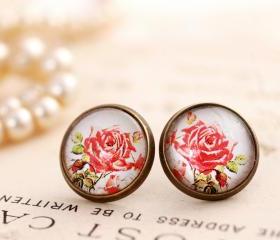 Red rose earrings, glass rose stud earrings, glass dome earrings, romantic rose earrings, nickel free earrings, antique style earrings