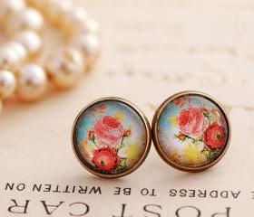 Blue floral earrings, Victorian rose earrings, rose stud earrings