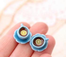 Miniature teacup stud earrings, blue teacup earrings, Alice in Wonderland earrings, miniature food jewelry, fairy jewellery, fairy earrings