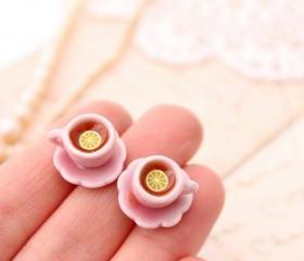 Miniature teacup studs, pink teacup earrings, Alice in Wonderland jewellery, miniature food jewelry