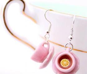 Pink teacup earrings, tiny teacup earrings, Alice in Wonderland earrings, miniature food jewelry