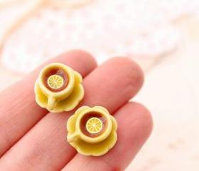 Miniature teacup stud earrings, yellow teacup earrings, Alice in Wonderland stud earrings, miniature food jewelry