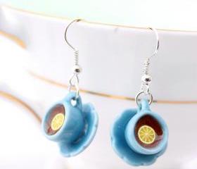 Blue teacup earrings, tiny teacup earrings, Alice in Wonderland jewelry, miniature food jewelry, fairy earrings