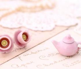 Miniature teacup earrings gift set, miniature teapot necklace, miniature food jewelry, Kawaii jewelry, Alice in Wonderland jewelry
