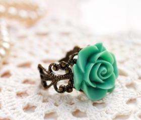 Mint green rose ring, teal rose ring, resin rose ring, resin flower ring, rose cabochon ring