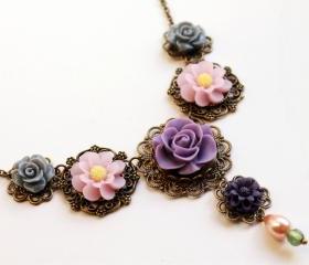 Resin rose necklace, pink rose necklace, resin flower necklace, pink and purple necklace, rococo statement necklace, rose cabochon necklace