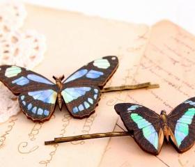 Blue butterfly hair clips, butterfly hair pin, woodland wedding, butterfly jewelry, bridesmaid hair clip