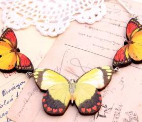 Yellow butterfly necklace, colorful charm necklace, whimsical jewelry, statement necklace, fun jewelry, woodland