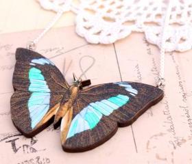 Blue butterfly necklace, blue butterfly pendant, mint necklace, unusual jewelry, insect necklace, entomology jewelry