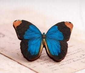 Blue butterfly brooch, realistic butterfly, bright blue, royal blue, laser cut wood