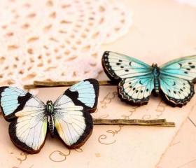 Blue butterfly hair clips, butterfly hair pin, woodland wedding, wooden hair clip, butterfly jewelry, bridesmaid hair clip